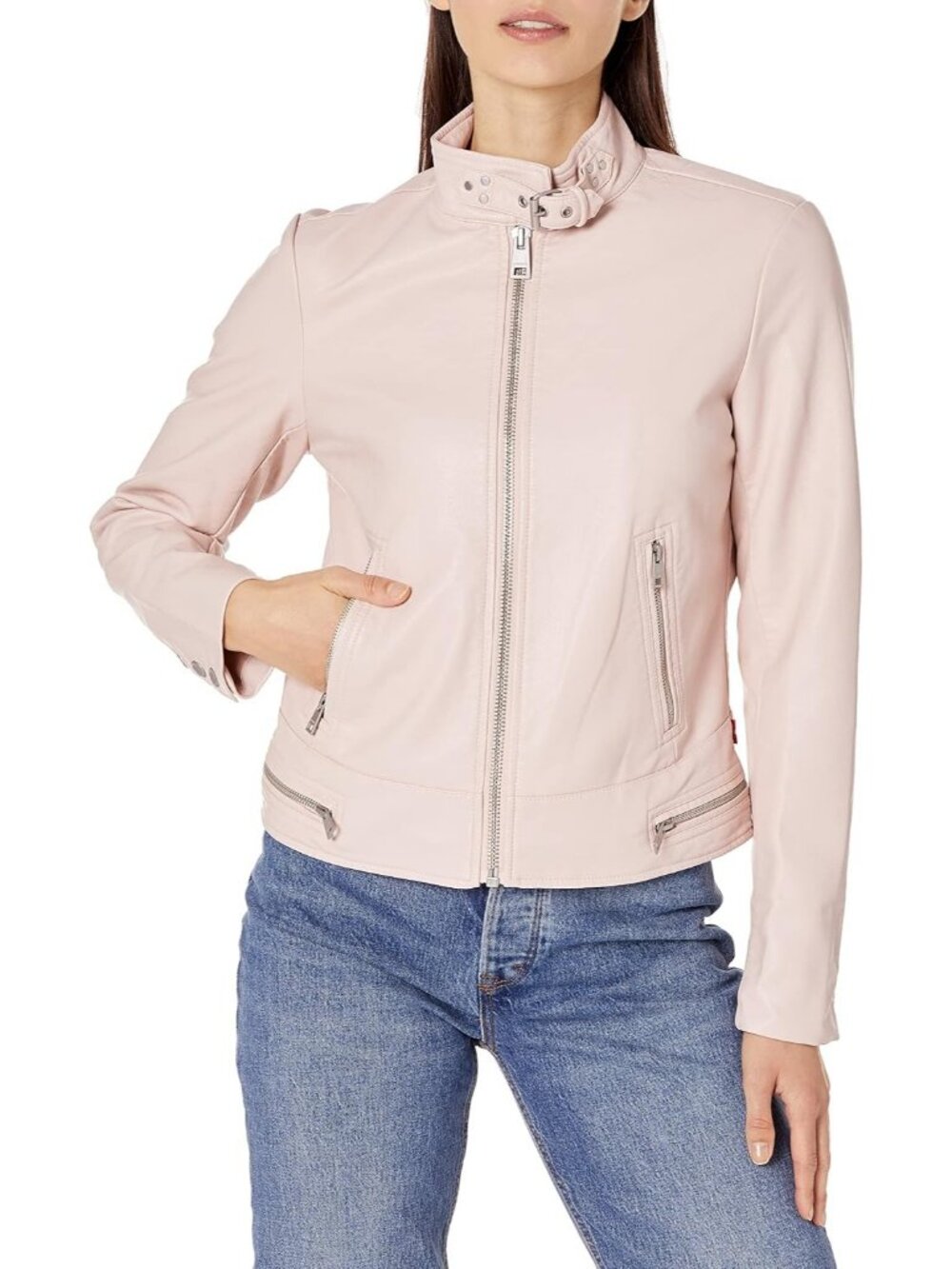 Women's  Peach Blossom Faux Leather Motocross Snap Down Collar Casual Jacket